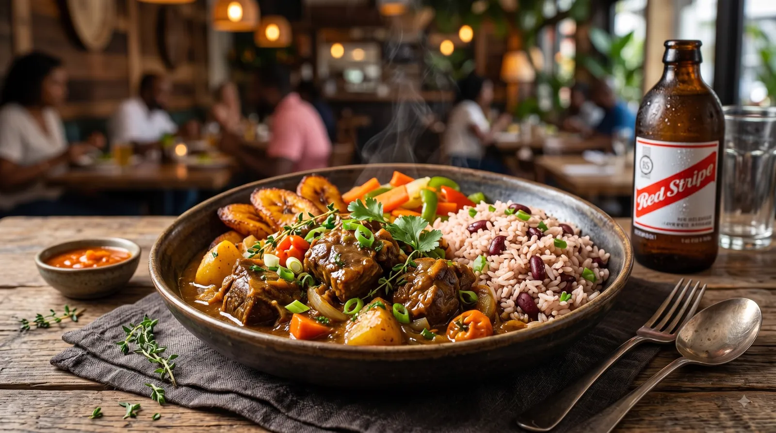 Curry goat with rice and peas served at Spices Negril
